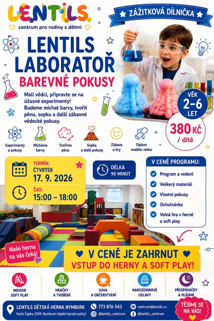 Zážitková dílnička LENTILS laboratoř – barevné pokusy, plakát
